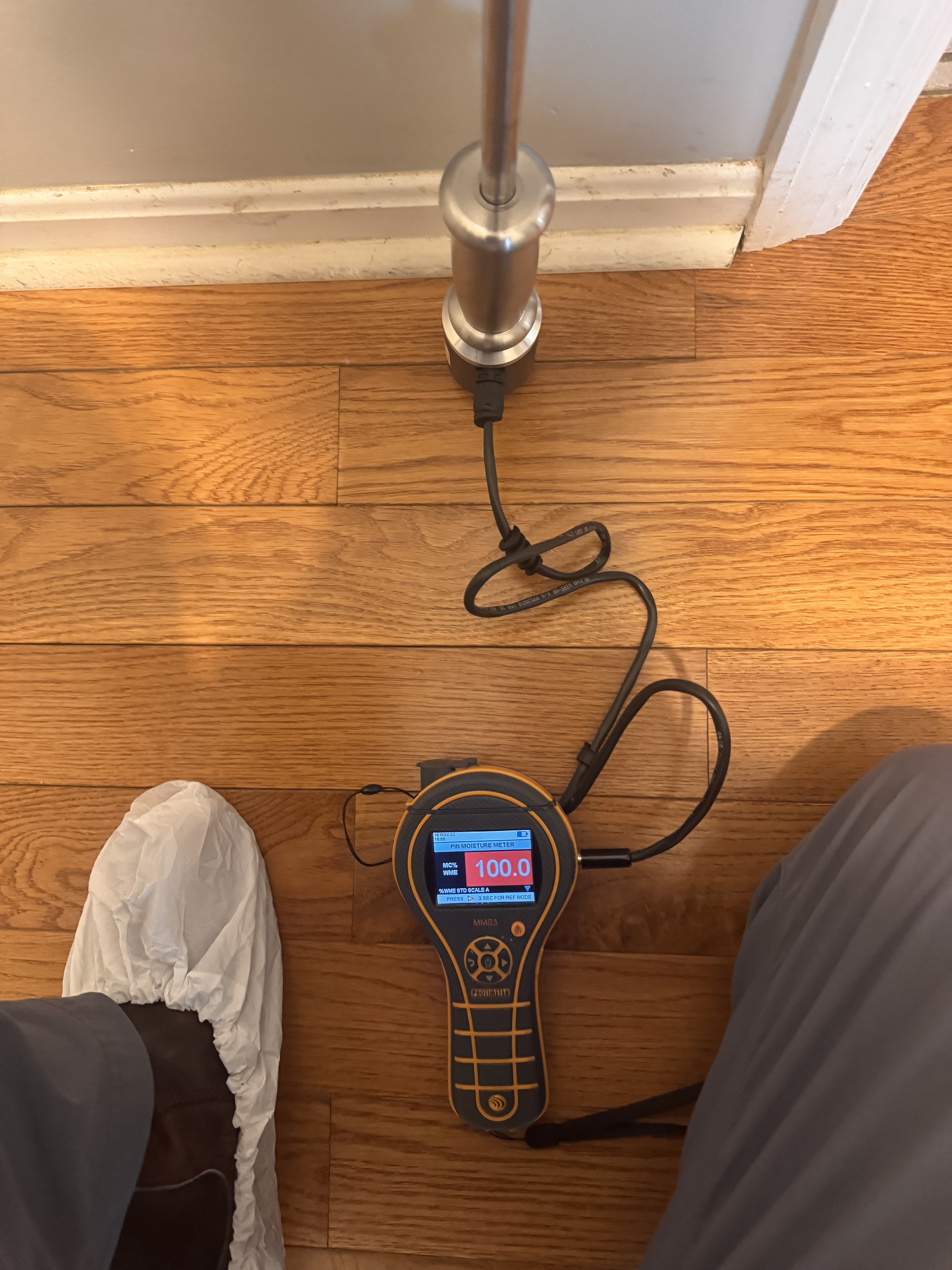 IRS technician using moisture meter to map water damage in a Richmond home